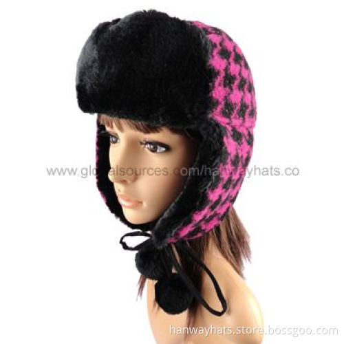 Fashionable Metallic Plaid and Fake Fur Winter Cap with Earflaps and Pompoms
